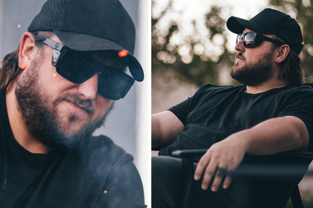 Camper wearing the Heat Wave Visual Performance XL Vise Sunglasses with black frame, black leneses and black side shields. 