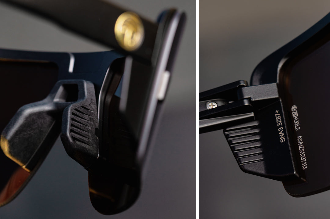 Close up of the inner part of the Heat Wave Visual Vector Sunglasses with black frame and black lens.