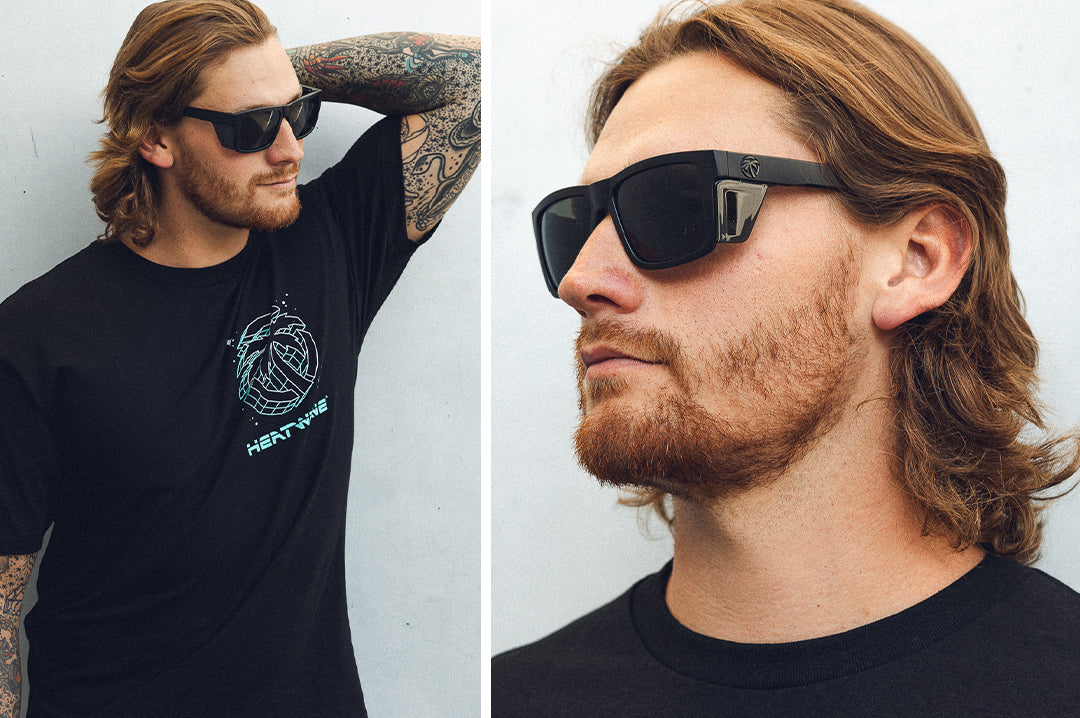 Young dude rocking the Heat Wave Visual Performance Vise Sunglasses with black frame, black lenses and black side shields.
