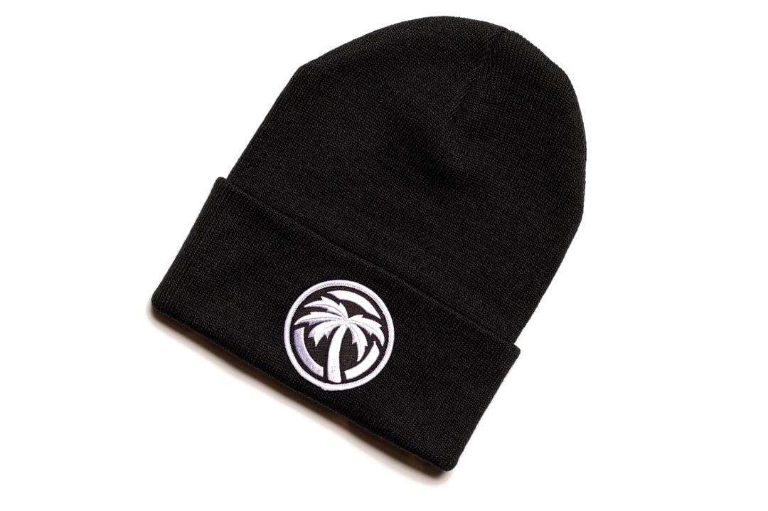 Heat Wave Visual Black Beanie with Icon palm tree patch.