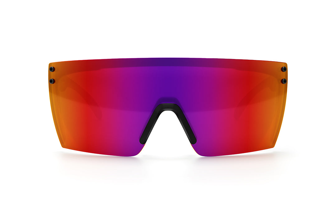 Front view of Heat Wave Visual Lazer Face Sunglasses with black frame and atmosphere red blue lens.
