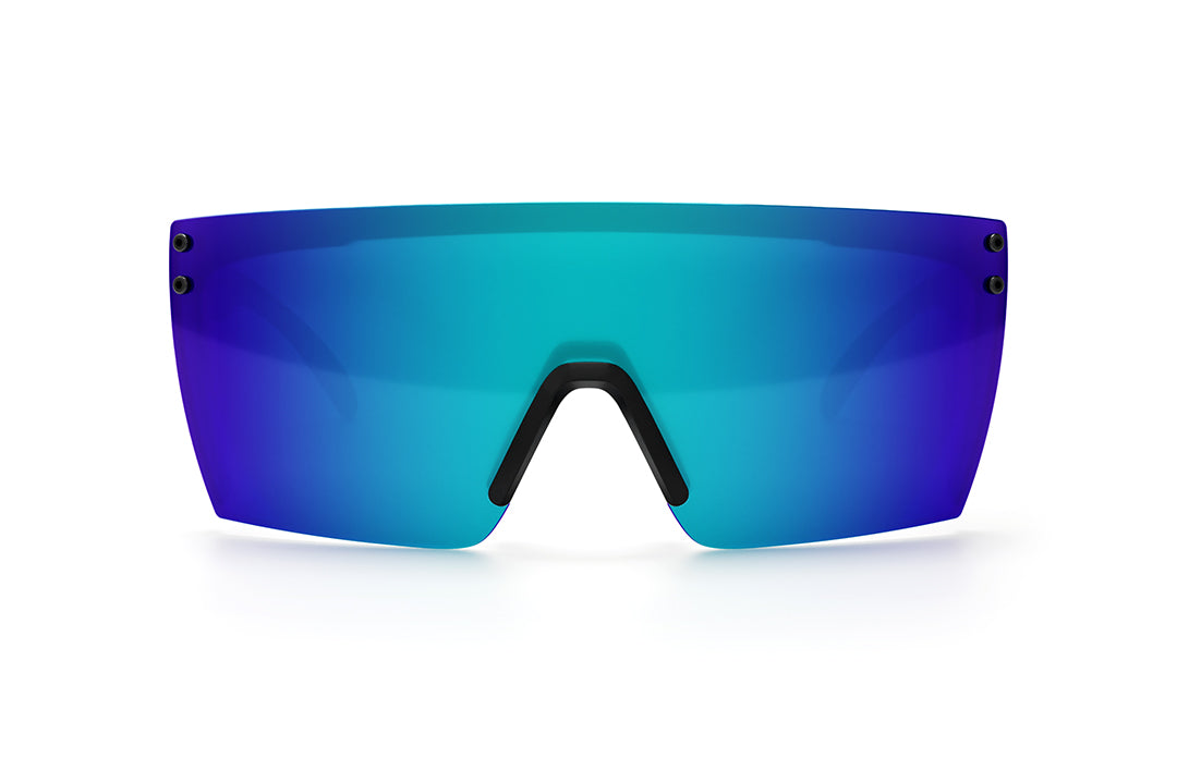 Front view of Heat Wave Visual Lazer Face Sunglasses with black frame and galaxy blue lens. 