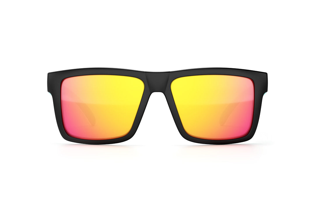 Front view of Heat Wave Visual Vise Sunglasses with black frame and tropic pink yellow lenses.