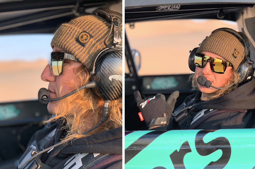 Blake Wilkey wearing Heat Wave Visual Quatro black frame and gold lens.